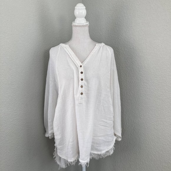 Free People Tops - Free People Womens White Long Sleeve V-Neck Button Front Cotton Top Medium